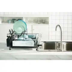 Jiallo Stainless Steel 2-Tier dish rack with self -draining tray (Black Color)