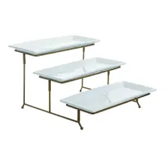 Gibson Elite Gracious Dining Ceramic 3 Tier Rectangular Serving Platter, Appetizer Dessert Stand, Food Server Tray Display, Gold (2 Pack)