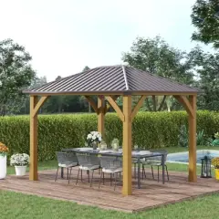Outsunny 10x12 Galvanized Steel Gazebo with Wooden Frame, Permanent Metal Roof Gazebo Canopy for Garden, Patio, Backyard