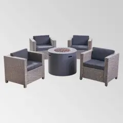 Nolan 5pc Wicker Club Chair and Round Fire Pit Set - Mixed Black/Dark Gray - Christopher Knight Home