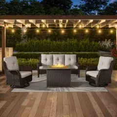 4PCS Patio Furniture Set with Fire Pit Table, Brown Wicker Outdoor Fire Pit Set with Patio Sofa, Swivel Glider Chair and Rectangular Propane Fire Pit