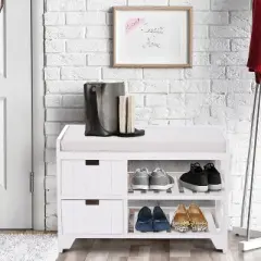 HOMCOM Shoe Cabinet, Wooden Storage Bench with Cushion, Entryway Rack with Drawers, Open Shelves