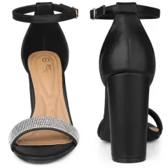 Perphy Open Toe Rhinestone Ankle Strap Chunky Heel Sandals for Women