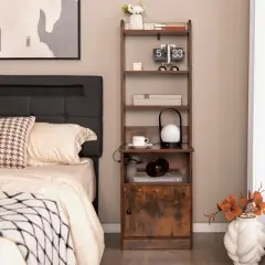 Tangkula Nightstand Bedside End Side Table Bookshelf w/ Charging Station