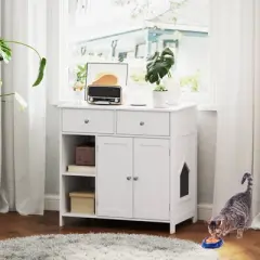 Costway Cat Litter Box Enclosure with 2 Drawers Double Doors Open Shelves Modern Indoor