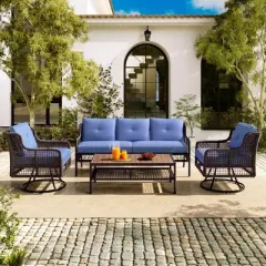 INFURNIC Patio Seating Sets, Outdoor Chair with Cushion, Weatherproof Woven Wicker for Garden Balcony Poolside, Blue, 72.1"*27.8"*31.1"