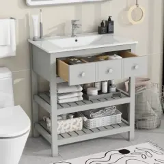 30" Bathroom Vanity with Ceramic Basin Sink, Drawer and 2-Tier Storage Shelf, Gray - ModernLuxe