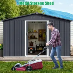 TROPOW 10x10 FT Outdoor Storage Shed, Metal Garden Shed with Lockable Door, and Sloped Roof, Utility Metal Tool Storage Sheds for Backyard, Gray