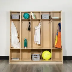 Flash Furniture Wooden 5 Section School Coat Locker with Bench, Cubbies, and Storage Organizer Hook-Safe, Kid Friendly Design - 48"H x 48"L (Natural)