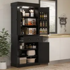 HOMCOM 71" LED Kitchen Pantry Cabinet, Tall Storage Cabinet with 6 Door Shelves, a Drawer and 4 Adjustable Shelves