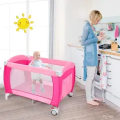 Infans 4-in-1 Portable Baby Playard w/Changing Table, Diaper Storage Bag, Music Box, Wheels with Brake, Foldable Newborn Play Yard w/Carry Bag, Pink