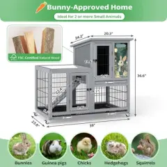 Sandinrayli Rabbit Hutch with Wire Bottom, 2-Level Large Wooden Bunny Cage on Wheels Indoor Outdoor, Grey