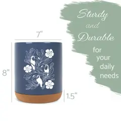 Elanze Designs 8 inch Floral Toucan Large Ceramic Kitchen Utensil Holder Navy Blue and White Crock with Cork Base