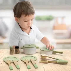 Teamson Kids Wooden Cookware play kitchen Toy accessories Green 14 pcs TK-W00009