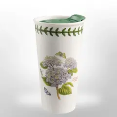 Portmeirion Botanic Garden 12 Ounce Porcelain Travel Mug, Hydrangea Motif, Dishwasher, Microwave Safe Cup, Hot Beverages On-the-Go