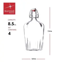 Bormioli Rocco Fiaschetta Glass 8.5 Ounce Hermetic Pocket Flask, Set of 4, Clear w/ White/Red Stopper