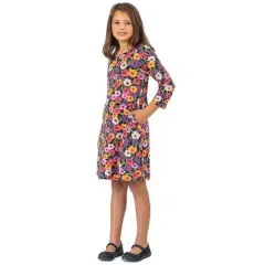 Girls Long Sleeve Multicolor Floral Knee Length Pocket Dress