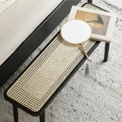 Dolonm Woven Design Natural Oak Wood Dining Bench with Handwoven Cane Seat for Versatile Home Use