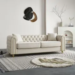 2 Seater Tufted Velvet Chesterfield Sofa 86" Long Sofa Couch With 2Pcs Of Toss Pillows,Golden Metal Legs-Cuddlewood