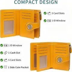 Wikineon Small Women's Bifold Leather Wallet - RFID Blocking Protection, Zipper Coin Pocket to Secure Loose Change,Yellow