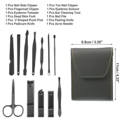 Unique Bargains Stainless Steel Pedicure Nail Clippers Scissors Tool Set for Men Women Black with Gray PU Leather 12 Pcs