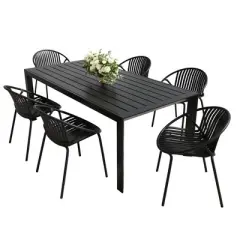 CAVINAS Dining Table Set for 6, Metal Picnic Table Polypropylene Patio Table and Chairs Set with 4 Stackable Chairs for Patio