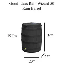 Good Ideas Rain Wizard Eco 50-Gallon Rain Saver Barrel, Single Spigot, Made with Recycled Materials and Screen for Garden and Outdoors, Black