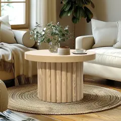 LuxenHome Brown Wood Fluted Round Coffee Table, 23.6" Wide Modern End Table for Living Room Round Wood Accent Table Bedroom Office