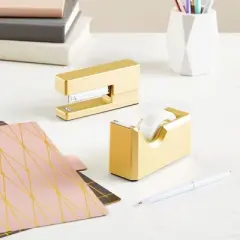 Paper Junkie 2 Piece Matte Gold Stapler and Tape Dispenser Set for Home Office Decor, Classroom Supplies, Desk Accessories for Dorm Room, Students