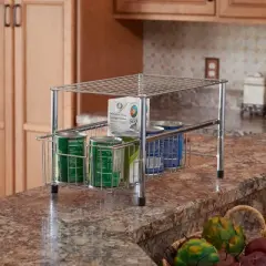 Basket Sliding Cabinet Organizer, Metal Frame, Small, Free Standing - No Installation Necessary, Silver Finish