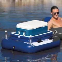 Intex 58821EP Inflatable Mega Chill II 72 Can Beverage Cooler Float with Lid and 6 Cupholders for Pool and Lake Floating, Black, White, and Blue