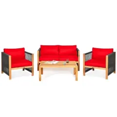 Costway 4PCS Wooden Patio Furniture Set Cushioned Sofa W/Rope Armrest White\Turquoise\Red