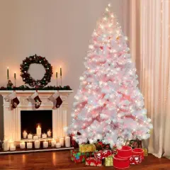 6.5ft Puleo Pre-Lit White Northern Fir Artificial Christmas Tree Clear Lights: Hinged Branches, 400 Incandescent Bulbs