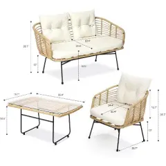 4-Piece Outdoor Patio Furniture Set with Boho Rope Wicker Sofa, Loveseat & Glass Table, All-Weather Couch for Garden, Backyard, Porch
