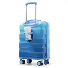 FONTOI 20" Carry-on Luggage with Cup Holder, 2 Piece Set Hardshell Suitcases with Spinner Wheels, Blue, 8.3"*21.7"*15.6"