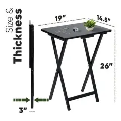 PJ Wood Lightweight Rectangle Folding TV Snack Tray Tables with Compact Storage Rack, Solid Wood Construction, Black, (2 Piece Set)