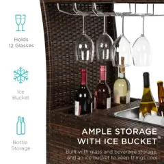 Best Choice Products Wicker Outdoor Rolling Bar Cart w/ Ice Bucket, Glass Countertop, Glass Holders, Storage - Brown