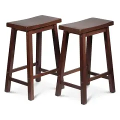PJ Wood Classic Saddle-Seat 24" Tall Kitchen Counter Stools for Homes, Dining Spaces, and Bars w/ Backless Seats, 4 Square Legs, Walnut (Set of 6)