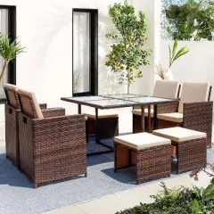 9pc Outdoor Conversation Set with Tempered Glass Table, Cushioned Chairs & Ottomans - Devoko