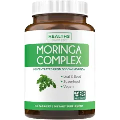 Moringa Capsules High Strength 5000mg Whole Herb Powder, 20:1 Seed &10:1 Leaf Extract, Harmonized Body & Sharp Mind, Health's Harmony, 60 or 120ct