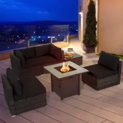 Tangkula 6 PCS Patio Wicker Furniture Set With 30" Gas Fire Pit Table 50,000 BTU Black/Red/Turquoise/Navy/White  Cushions