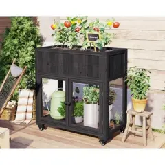 Outdoor Patio Fir Wood Mini Cold Frame,Polycarbonate Door Wooden Compact Garden Greenhouse with Wheels,Wooden Raised Bed with Liner-Coolbibila