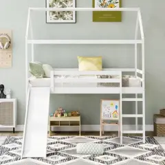 Twin Size House Shape Loft Bed with Slides, White - ModernLuxe