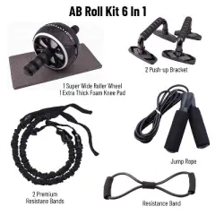 TRAKK Sport 6 in 1 Exercise Equipment Set with Ab Wheel, Handle Grips, Resistance Bands, Knee Pad, Jump Rope, and Pushup Bars for Full Body Workouts