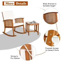 Tangkula 3 PCS Acacia Wood Rocking Bistro Set Outdoor Furniture Front Porch Rocker Chairs Conversation Set with Coffee Table and Cushions