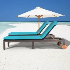 Tangkula 2PC Adjustable Patio Rattan Recliner Chaise Lounge Chair w/ Cushion Wheels