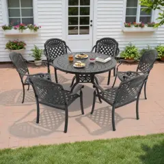 7-Piece Cast Aluminum Outdoor Dining Set: Round Table, Stackable Chairs & Red Cushions - All-Weather Patio Furniture for Your Backyard