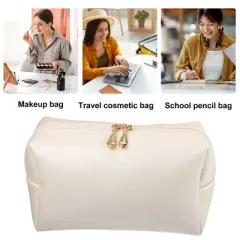 Unique Bargains PU Leather Waterproof Makeup Bag Cosmetic Case Makeup Bag for Women L Size Beige 1 Pcs