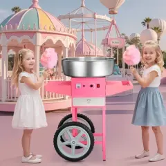 VEVOR Electric Cotton Candy Machine with Cart, 1000W Commercial Candy Floss Maker with 20.5 in Stainless Steel Bowl, Sugar Scoop, and Drawer, Pink