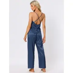 cheibear Womens Satin Lounge Solid Color Cami Tops with Pants Sleepwear Pajamas Sets